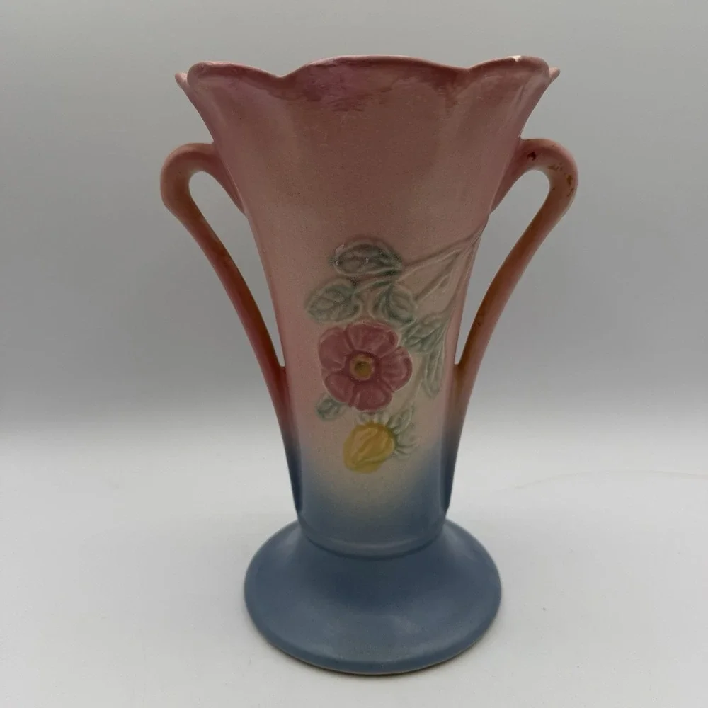 Vintage Hull‎ Pottery Dogwood Vase 503 8 1/2'' Tall Blue Pink Flowers Floral USA